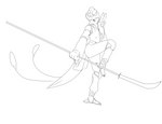anthro apodiform asian_clothing avian beak bird clothed clothing east_asian_clothing feathers femboy flower for_honor_(game) hi_res hummingbird japanese_clothing looking_at_viewer male melee_weapon monochrome naginata plant polearm simple_background solo tip_the_hummingbird voxtheowl weapon wings