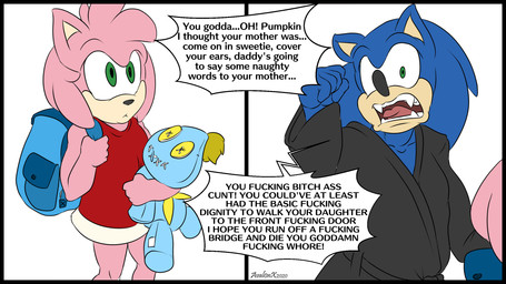 5_fingers aged_down anthro backpack black_border black_clothing blue_backpack blue_body blue_ears border clothing dress duo fangs female fingers flat_chested male multicolored_clothing multicolored_dress pink_body pink_ears plushie profanity red_clothing red_dress simple_background teeth text tongue two_tone_clothing two_tone_dress white_background white_clothing white_dress young young_anthro aval0nx sega sonic_the_hedgehog_(series) amy_rose sonic_the_hedgehog eulipotyphlan hedgehog mammal 16:9 english_text hi_res widescreen