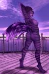 anthro areola breasts butt clothed clothing detailed_background feathers female fur looking_at_viewer looking_back nipples outside panties purple_body purple_feathers purple_fur smile solo topless underwear cydergerra avian felid hybrid mammal