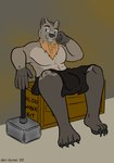 absurd_res apron bear beard blacksmith box bulge clothing container creator facial_hair hammer harikuran hi_res kit_(disambiguation) lounging male mammal pinup pose sitting smile smirk tools