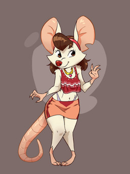 3_toes accessory anthro barefoot big_ears bottomwear bracelet brown_hair clothing crop_top digitigrade feet female fur gloves_(marking) hair hair_accessory hairband jewelry long_tail looking_aside markings midriff miniskirt notched_ear orange_eyes red_nose round_ears shirt short_hair simple_background skirt smile snout solo tail thick_tail toes topwear underwear_straps white_body white_fur ruffu unnamed_character mammal mouse murid murine rodent digital_drawing_(artwork) digital_media_(artwork)