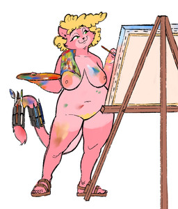 accessory anthro areola artist blonde_hair breasts brush canvas clothing curly_hair easel female footwear footwear_only fur furgonomics green_eyes hair medium_breasts mostly_nude mostly_nude_anthro mostly_nude_female navel nipples nude nude_anthro nude_female paint paint_on_body paint_on_self paintbrush painting_(action) pallete pink_body pink_fur sagging_breasts sandals sandals_only shoes simple_background smile solo tail tail_accessory towel towel_on_shoulder white_background kaboozey clarisse_(kaboozey) domestic_cat felid feline felis mammal 2020 absurd_res english_description hi_res