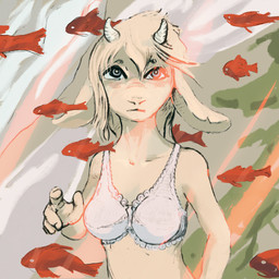 anthro bra clothing collarbone digitigrade female horn light light_beam solo underwear kallax ambient_fish ambient_sealife bovid bovine mammal 1:1 character_request hi_res