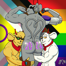 abs antennae_(anatomy) anthro black_nose buckteeth butt closed_smile clothing cybernetic_arm cybernetic_limb ear_piercing ear_ring eye_patch eyewear fingerless_gloves flexible flexing flexing_bicep flexing_both_biceps fur gesture gloves grey_body grey_fur group hair hand_on_another's_leg handwear head_on_hip heart_symbol kerchief lgbt_pride male mouth_closed muscular muscular_anthro muscular_male neckerchief neckwear notched_ear orange_body orange_fur orange_hair pecs piercing pride_color_background pride_color_flag pride_colors progress_pride_colors red_eyes red_kerchief red_neckerchief ring_piercing simple_background smile tail tail_gesture tail_heart teeth trio wearing_eyewear white_body white_fur yellow_sclera fabfelipe biker_mice_from_mars lgbt_pride_month modo_(bmfm) throttle_(bmfm) vinnie_(bmfm) alien mammal mouse murid murine rodent 1:1 2024 chromatic_aberration digital_drawing_(artwork) digital_media_(artwork) hi_res