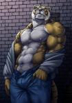 abs anthro biceps bottomwear brick_wall clothed clothing deep_navel denim denim_bottomwear denim_clothing jeans leaning_on_wall male muscular muscular_anthro muscular_male navel nipples open_clothing open_shirt open_topwear pants pecs pubes shirt solo stripes teeth topwear wall_(structure) bomb_(artist) felid mammal pantherine tiger 2017