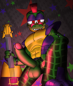 abs abstract_background anthro balls bass_guitar belt big_penis clothing erection eyewear fingerless_gloves genitals glans gloves green_body guitar handwear humanoid_genitalia humanoid_penis looking_at_viewer machine male mohawk muscular musical_instrument pecs penis plucked_string_instrument red_eyes sharp_teeth shoulder_pads solo string_instrument sunglasses teeth t6ktal five_nights_at_freddy's five_nights_at_freddy's:_security_breach scottgames steel_wool_studios montgomery_gator alligator alligatorid animatronic crocodilian reptile robot scalie 2022 absurd_res hi_res