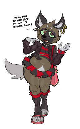 anthro belly_overhang belly_rolls black_lips black_lipstick bottomwear brown_body brown_eyes brown_fur bulge chubby_girly clothed clothing collar crossdressing ear_piercing ear_ring eyeshadow femboy fur jacket leather leather_clothing leather_jacket leather_topwear lips lipstick looking_at_viewer love_handles makeup male microskirt miniskirt muffin_top navel piercing potbelly purse ring_piercing shirt simple_background skirt slightly_chubby slightly_chubby_anthro slightly_chubby_male solo spiked_collar spikes tail tail_under_skirt tank_top text thick_thighs topwear torn_clothing submarine_screw aggretsuko sanrio haida_(aggretsuko) hyena mammal spotted_hyena 2021 english_text hi_res