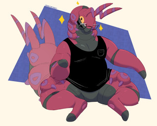anthro bottomless clothed clothing eyewear featureless_crotch glasses grey_body grey_skin horn looking_at_viewer male orange_eyes partially_clothed pink_body pink_skin pokemorph purple_body purple_skin shirt simple_background sitting solo sparkles tank_top topwear bennycartoonist nintendo pokemon arthropod centipede generation_5_pokemon myriapod pokemon_(species) scolipede absurd_res hi_res signature
