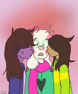 ambiguous_gender ambiguous_human anthro brown_hair clothed clothed_ambiguous clothed_anthro clothed_female clothed_human clothing female female_anthro fur group hair human_on_anthro interspecies kissing kissing_cheek long_ears long_hair purple_body purple_skin white_body white_fur goatboyalex deltarune undertale_(series) kris_dreemurr ralsei susie_(deltarune) bovid caprine darkner goat human mammal scalie 2018 5:6 digital_media_(artwork)