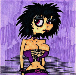 anthro big_breasts black_hair bracelet breasts choker female hair jewelry necklace nipple_slip nipples non-mammal_breasts non-mammal_hair non-mammal_nipples red_eyes solo spiked_bracelet spikes doozy_the_boozy halo_(series) microsoft xbox_game_studios alien kig-yar ruuhtian scalie traditional_media_(artwork)
