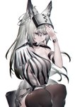 breasts clothing female grey_hair hair legwear looking_up simple_background solo stockings white_background yushi_ketsalkoatl arknights hypergryph studio_montagne grani_(arknights) animal_humanoid canid canid_humanoid humanoid mammal mammal_humanoid 2020 absurd_res hi_res