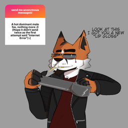 anthro clothed clothing duct_tape eyewear fur glasses jacket male ring simple_background solo tape text topwear mrpawpaw ngl canid canine fox mammal 1:1 digital_media_(artwork) english_text hi_res