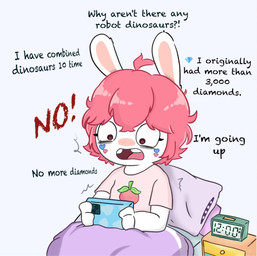 3_fingers alarm_clock anthro arms_bent bangs bed blue_bedding bodypaint brown_eyes buckteeth cellphone clock clothed clothed_anthro clothed_female clothing electronics end_table exclamation_point eyelashes face_paint female female_anthro fingers fur furniture gem hair holding_cellphone holding_object holding_phone inner_monologue light looking_at_cellphone looking_at_object looking_at_phone medium_hair no_pupils noseless number on_bed open_mouth phone pillow pink_clothing pink_hair pink_shirt pink_tongue pink_topwear purple_blanket purple_pillow shirt simple_background sitting sitting_on_bed solo tan_inner_ear teeth text thinking time tired_eyes tongue topwear under_blanket white_background white_body white_fur yelling peypey_mei1925 raving_rabbids rayman_(series) ubisoft fan_character pey_(peypey_mei1925) lagomorph mammal rabbid 2025 colored digital_drawing_(artwork) digital_media_(artwork) english_description english_text hi_res lighting shaded