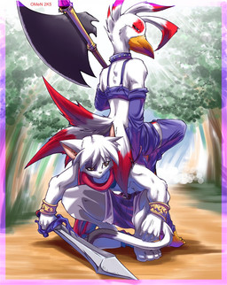 ambiguous_gender anthro axe collar cosplay duo male melee_weapon sword tail weapon 0r0ch1 disgaea nippon_ichi_software etna_(disgaea) laharl avian domestic_cat felid feline felis mammal hi_res