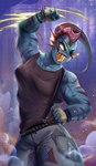 anthro blue_body blue_scales bracelet breasts clothed clothing eye_patch eyewear female fist front_view grin hand_wraps jewelry muscular muscular_female non-mammal_breasts one_eye_obstructed scales sharp_teeth smile solo spiked_bracelet spikes teeth wraps bananitryi undertale_(series) undyne fish marine 2022 absurd_res hi_res portrait three-quarter_portrait