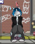 anthro beverage_can black_clothing black_jacket black_legwear black_thigh_highs black_topwear blue_body blue_fur blue_hair bottomwear breasts brick_wall bus_stop cheek_tuft clothed clothing colored_nails day ear_piercing ear_ring facial_piercing facial_tuft female fur genitals graffiti hair industrial_piercing jacket legwear lip_piercing lip_ring looking_aside nails no_bra no_underwear one_eye_obstructed open_clothing open_jacket open_topwear outside pattern_bottomwear pattern_clothing pattern_skirt piercing plaid plaid_bottomwear plaid_clothing plaid_skirt public public_exposure purple_bottomwear purple_clothing purple_eyes purple_skirt pussy ring_piercing sidewalk sitting skirt solo thigh_highs topwear tuft wall_(structure) white_body white_fur foxboy83 tootaloo rainey_(tootaloo) lagomorph leporid mammal rabbit 4:5 colored digital_media_(artwork) full-length_portrait hi_res portrait