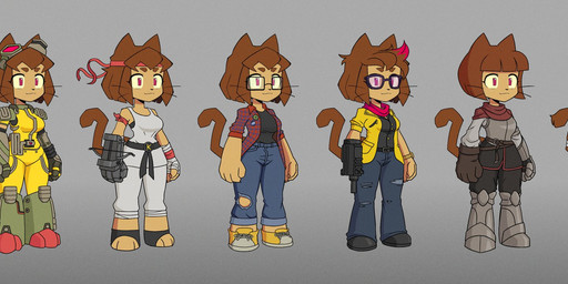accessory alternate_costume anthro armor bangs bottomwear breasts brown_hair clothed clothing cosplay crossover_cosplay denim denim_bottomwear denim_clothing eyewear eyewear_on_head female fingers footwear fur glasses gloves goggles goggles_on_head gun hair handwear headband jeans keikogi kerchief martial_arts_uniform open_clothing open_shirt open_topwear pants pattern_clothing pattern_topwear paws plaid plaid_clothing plaid_topwear ranged_weapon shirt shoes simple_background smile sneakers solo sportswear sweater tail text toeless_legwear topwear torn_bottomwear torn_clothing torn_jeans torn_pants weapon whiskers theartofsilent gameoverse glitch_productions yiik:_a_postmodern_rpg kit_bodega domestic_cat felid feline felis mammal 2026 crossover digital_drawing_(artwork) digital_media_(artwork) hi_res model_sheet
