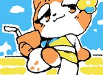 anthro beverage black_nose blue_sky bottomwear closed_smile clothed clothed_anthro clothed_female clothing cloud coconut coconut_drink day dipstick_tail drupe_(fruit) eyelashes feet female flat_chested flower_on_head food fruit fur gloves_(marking) hindpaw holding_beverage holding_object low-angle_view markings midriff mouth_closed multicolored_body multicolored_fur narrowed_eyes orange_body orange_eyes orange_fur orange_tail outside pawpads paws plant sitting skirt sky smile solo squigglevision tail tail_covering_crotch tail_markings topwear two_tone_body two_tone_fur two_tone_tail white_body white_fur white_tail yellow_bottomwear yellow_clothing yellow_skirt yellow_topwear ligma_(artist) kiki's_vacation kiki_(kiki's_vacation) domestic_cat felid feline felis mammal 2025 animated digital_media_(artwork) flat_colors full-length_portrait low_res portrait shaded wigglypaint_(artwork)