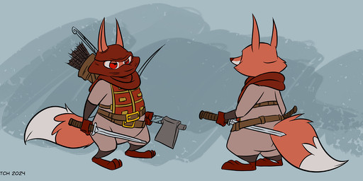 anthro arrow_(weapon) axe belt bottomwear bow_(weapon) clothed clothing fur gallowglass headgear headwear irish male melee_weapon multicolored_body multicolored_fur quiver_(object) ranged_weapon red_body red_fur red_sclera solo sword topwear two_tone_body two_tone_fur weapon white_body white_fur dutch_(artist) canid canine fox mammal red_fox true_fox 2024 digital_media_(artwork) flat_colors hi_res