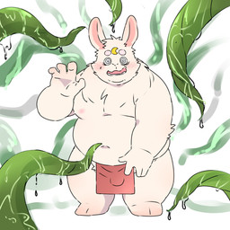 anthro asian_clothing belly big_belly biped blush bulge clothing east_asian_clothing fundoshi japanese_clothing kemono male moobs navel nipples overweight overweight_male red_clothing red_fundoshi red_underwear solo standing tentacles underwear inunoshippo lagomorph leporid mammal rabbit 1:1 2026 absurd_res hi_res