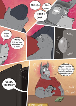 anthro beard bulge clothed clothing coach facial_hair male masturbation mature_male penile penile_masturbation precum_through_pants shirt simple_background solo speech_bubble talking_to_self tenting text topwear zipper doost coach_coach_(doost) asinus donkey equid equine mammal comic english_text hi_res