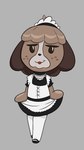 animal_crossing anthro black_clothing bottomwear brown_body brown_fur brown_hair canid canine canis choker clothed clothing clothing_lift collar crossdressing curtsey digby_(animal_crossing) domestic_dog footwear freckles fur grey_background hair happy_harvey hi_res jewelry legwear maid_headdress maid_uniform male mammal necklace nintendo open_mouth phone_drawing shoes simple_background skirt skirt_lift socks solo thigh_highs uniform white_clothing white_footwear white_socks