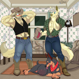 abs age_difference anthro armpit_hair belt black_body black_fur blonde_hair blue_eyes blush blushing_profusely body_hair boots bottomwear brown_body brown_eyes brown_fur brown_markings chest_hair chest_scar clothing confusion cowboy cowboy_hat denim denim_bottomwear denim_clothing facial_hair female feral footwear fur furniture green_eyes group hair hand_on_chin hand_on_head happy_trail hat headgear headwear inside jeans lamp licking male male_anthro markings mature_male muscular muscular_male mustache pants pecs plant pregnant pregnant_female pregnant_feral pubes question_mark raised_tail rocking_chair rug scar self_lick shocked shoes sofa tail tan_body tan_fur tan_markings tongue topwear trio vest yellow_body yellow_fur conditional_dnp zer0rebel4 discord_(app) telegram stanley_(zer0rebel4) bird_dog canid canine canis dobermann domestic_dog golden_retriever great_dane hunting_dog mammal mastiff mixed_breed molosser pinscher retriever 1:1 2025 absurd_res cel_shading full-length_portrait hi_res portrait shaded story story_in_description father_(lore) father_and_child_(lore) father_and_son_(lore) parent_(lore) parent_and_child_(lore) parent_and_son_(lore) son_(lore)