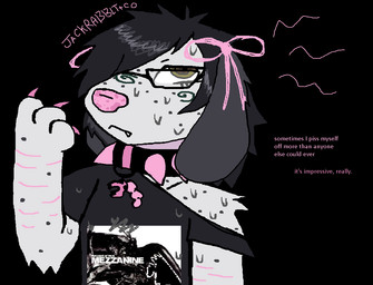 :< ambiguous_gender annoyed anthro bodily_fluids claws collar cute_fangs ear_bow eyelashes eyewear fangs frown glasses looking_up nervous nervous_look nervous_sweat scar self-harm_scars solo sweat sweatdrop teeth text upset jackrabbit_(artist) shrew_(jackrabbit) arthropod beetle canid canine canis dalmatian domestic_dog grub_(insect) insect larva mammal stag_beetle 2025 album_cover cover digital_media_(artwork) english_text microsoft_paint_(artwork) nonbinary_(lore)