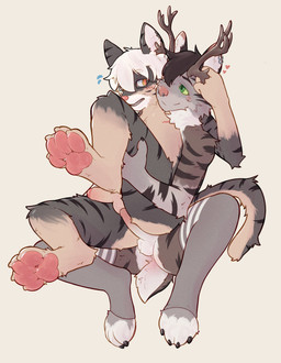 anthro antlers clothing duo eyewear facial_piercing frottage genitals glasses heart_symbol horn legwear male male/male nose_piercing nose_ring paws penile penis penis_rubbing penises_touching piercing raised_paw ring_piercing sex thigh_highs wearing_glasses 10ov0 deer domestic_cat felid feline felis mammal absurd_res hi_res