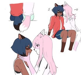 anthro blue_eyes blue_hair brown_body brown_fur clothed clothing duo female female/female fluffy fluffy_tail fur hair heart_symbol humanoid_face jacket kemono kissing long_hair multiple_positions pink_body pink_fur pink_hair shirt simple_background sitting tail tank_top topwear white_background white_body white_fur auxinouskii brand_new_animal studio_trigger michiru_kagemori nazuna_hiwatashi canid canine fox mammal raccoon_dog tanuki absurd_res hi_res