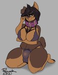 anthro big_breasts biped breasts bulge collar eyewear facial_piercing glasses gynomorph hair intersex piercing plantigrade solo thick_thighs padunk kaj_(vaerinn) canid canine canis domestic_dog mammal mastiff molosser rottweiler hi_res