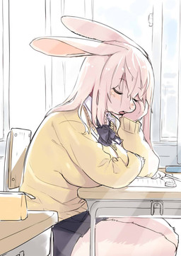 against_desk against_furniture against_surface anthro arm_support black_bottomwear black_clothing black_skirt bottomwear breasts chair classroom cleavage clothed clothing desk detailed_background eyes_closed female fully_clothed fur furniture hair inside kemono leaning_on_elbow long_ears long_hair on_chair open_mouth pink_body pink_fur pink_hair ribbons school school_uniform side_view sitting sitting_on_chair skirt sleeping sweater table topwear uniform window yellow_clothing yellow_sweater yellow_topwear kishibe lagomorph leporid mammal rabbit 2018