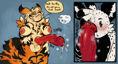 3_fingers ambiguous_gender animal_genitalia animal_penis anthro balls big_breasts big_penis black_markings blush bodily_fluids breasts canine_genitalia canine_penis claws duo erection fingers fur genital_fluids genitals gynomorph gynomorph/ambiguous hair huge_penis hybrid_anthro intersex intersex/ambiguous inviting_to_oral knot looking_at_another looking_down looking_down_at_another markings nipples nude open_mouth orange_body orange_fur penis simple_background size_difference sweat tail text tuft white_body prince-vulpine aquatic aquatic_gastropod canid canine gastropod jorunna_parva mammal mollusk nudibranch sea_slug slug english_text hi_res