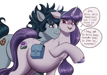 accessory bangs belly big_belly blush cheek_to_cheek cuddling cutie_mark duo ears_down eyebrows female feral fetlocks floppy_ears freckles fur fur_markings green_body green_fur hair hair_accessory hairband hooves horn looking_at_another male male/female markings nervous nervous_smile nuzzling one_eye_closed pivoted_ears pregnant pregnant_female purple_body purple_fur quadruped raised_leg romantic romantic_couple saddle_bag simple_background slightly_chubby smile speech_bubble standing teeth text unicorn_horn white_background sallylla hasbro mlp_g5 my_little_pony mythology fan_character mallow_mist mighty_spruce equid equine horse mammal mythological_creature mythological_equine pony unicorn 2022 digital_media_(artwork) english_text hi_res