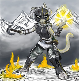 anthro armor axe female fire food fruit headgear helmet magic melee_weapon outside pineapple plant snow solo tail weapon gordinfreeguy bethesda_game_studios microsoft oblivion prequel_adventure skyrim the_elder_scrolls dovahkiin katia_managan felid khajiit mammal 2011 crossover hi_res