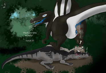 animal_genitalia anus black_body black_markings blue_anus blue_eyes blue_penis blue_tongue blush bone bones_in_feces breath_fog claws dialogue disposal dominant dominant_feral dominant_male duo feathers feces feces_in_ass feces_on_body feces_on_face feces_pile feet feral forest_background fur genital_slit genitals grey_body grey_fur lying lying_on_ground male male/male markings on_front on_ground orange_eyes penis plant pooping scales scat_disposal scutes sharp_teeth skull steam submissive submissive_feral submissive_male talons taunting teeth toes tongue white_body sorrelbirdy(artist) sorrel_(sorrelbirdy) valyavelocryr allosaurid allosauroid allosaurus dinosaur dromaeosaurid prehistoric_species reptile saurischian scalie spinosaurid spinosaurus theropod absurd_res hi_res