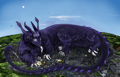 black_body black_fur building building_destruction city city_destruction cityscape destruction feral fur glowing glowing_eyes glowing_nails glowing_tongue lying macro male paws shadow solo stomped tongue verger haid_drex(algaria) taur absurd_res hi_res