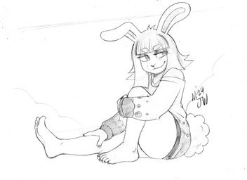 anthro bangs black_nail_polish black_nails bottomless clothed clothing colored_nails eyebrow_through_hair eyebrows feet female fluffy fluffy_tail hair hand_on_leg long_ears long_hair looking_sideways nails pose scut_tail short_tail simple_background smile smirk soles solo sweater sweater_only tail thick_thighs topwear topwear_only translucent translucent_hair mjw_darkmode bnuyu_(lornalla) lagomorph leporid mammal rabbit 2024 absurd_res hi_res monochrome pinup sketch traditional_media_(artwork)