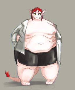 6_breasts anthro belly big_belly breasts clothing coat female green_eyes grey_background hair lab_coat morbidly_obese multi_breast multi_nipple navel nipples obese obese_anthro obese_female overweight overweight_anthro overweight_female red_hair simple_background solo standing tail topwear whiskers white_body 33millionsnails voices_of_the_void alien ariral felid feline mammal