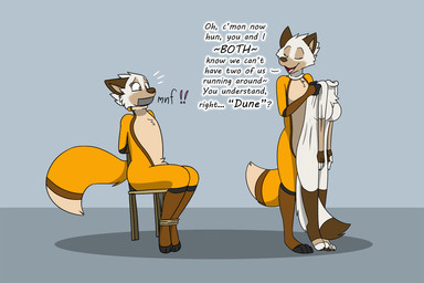anthro biped black_markings bound breasts brown_markings chair countershading dialogue dipstick_tail duct_tape duo eyes_closed fingers forced forced_transformation ftm_transformation fur furniture gag gagged gender_transformation gloves_(marking) leg_markings legs_together looking_at_another male markings mtf_transformation multicolored_body multicolored_tail nude on_chair open_mouth orange_body orange_fur rope scared simple_background sitting sitting_on_chair smile socks_(marking) species_transformation standing suit_transformation tail tail_markings tan_body tan_countershading tan_markings tape tape_gag text tied_to_chair transformation white_body white_fur fox0808 dune_(fox0808) kauko_(andrewneo) canid canine canis fox mammal wolf 2018 colored english_text female_(lore)
