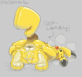 ambiguous_gender anthro bodily_fluids breath cum genital_fluids grey_background inflatable latex lubricating presenting simple_background solo spreading strategically_placed_hole text yellow_body meltyautumn nintendo pokemon maddie_(meltyautumn) animate_inanimate generation_1_pokemon living_inflatable living_pool_toy pikachu pokemon_(species) english_text hi_res