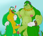 anthro balls barazoku big_balls big_pecs big_penis blush bodily_fluids chain_necklace clothing comparing duo exclamation_point genital_fluids genitals gloves gold_(metal) gold_jewelry green_body handwear jewelry male male/male muscular muscular_anthro necklace nipples pecs penis precum selfcest sharp_teeth size_difference smile smirk spiked_tail spikes spikes_(anatomy) square_crossover surprised_expression tail teeth yellow_body kelsdungeon sega sonic_the_hedgehog_(series) classic_vector vector_the_crocodile crocodile crocodilian reptile scalie 6:5 absurd_res hi_res