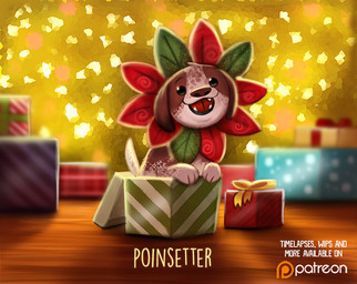 ambiguous_gender beady_eyes black_eyes bow_(feature) box brown_body brown_fur christmas_decorations christmas_lights christmas_present container daww fangs feral flower fur gift gift_box holidays humor open_mouth plant poinsettia pun smile solo teeth text visual_pun white_body white_fur piper_thibodeau christmas bird_dog canid canine canis domestic_dog hunting_dog mammal setter digital_media_(artwork) digital_painting_(artwork) english_text painting_(artwork)