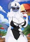 anthro beach beverage big_breasts breasts clothing eyewear female looking_at_viewer one-piece_swimsuit palm_tree plant solo sunglasses swimwear thick_thighs tree umbrella white_body luxartking nintendo pokemon absol generation_3_pokemon pokemon_(species) absurd_res hi_res