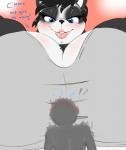 2016 ambiguous_gender anthro bear big_breasts black_body black_fur black_hair blue_eyes blush breasts clothed clothing conditional_dnp digitaldomain123 duo english_text female fur giant_panda hair hi_res huge_breasts larger_female mammal open_mouth simple_background size_difference smaller_ambiguous smile solo_focus teeth text