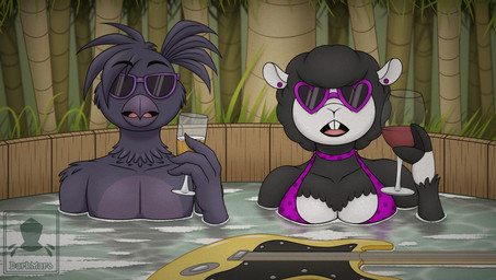 alcohol anthro beak beverage black_body black_fur black_sclera breasts buckteeth container cup detailed_background drinking_glass duo electric_guitar eyewear feathers female fur glass glass_container glass_cup guitar hot_tub male musical_instrument plucked_string_instrument string_instrument sunglasses teeth water wine wine_glass wool_(fur) darkmaro mob_entertainment nightmare_critters poppy_playtime smiling_critters baba_chops_(poppy_playtime) poe_(poppy_playtime) avian bird bovid caprine corvid corvus_(genus) mammal oscine passerine raven sheep digital_media_(artwork) hi_res nonbinary_(lore)