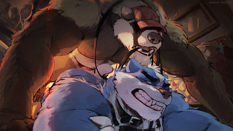 anal anal_penetration animal_dildo animal_sex_toy anthro anthro_on_anthro anthro_penetrated anthro_penetrating anthro_penetrating_anthro black_body black_fur blue_body blue_fur canine_dildo clenched_teeth collar dildo duo eyebrows fur hat_over_eyes heart_symbol inside intraspecies leash leash_in_mouth leashed_collar low-angle_view male male/male male_penetrated male_penetrating male_penetrating_male musclegut muscular muscular_anthro muscular_male object_in_mouth pecs penetration penile penile_penetration penis_in_ass scut_tail sex sex_toy sharp_teeth short_tail tail teeth thick_eyebrows sinibun_95 jay_wolfe badger mammal mustelid musteline 16:9 2025 colored english_description hi_res widescreen