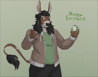 5_fingers anthro black_bars black_hair bottomwear brown_body brown_fur brush clothed clothed_anthro clothed_male clothing easter_egg fingers fur hair holidays humanoid_hands jacket male paintbrush pants smile solo topwear jezzlen easter chuy_(jezzlen) asinus donkey equid equine mammal hi_res letterbox