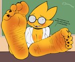 5_toes anthro barefoot blush body_blush breasts cleavage clothed clothing dialogue eyewear feet female foot_blush foot_fetish foot_focus glasses humanoid_feet looking_at_viewer open_mouth plantigrade soles solo text toes wrinkled_feet wrinkles yellow_body dummycervine undertale_(series) alphys lizard reptile scalie hi_res