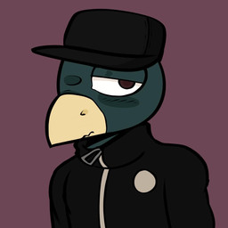 anthro beak blush clothing desaturated green_body half-closed_eyes jacket male narrowed_eyes purple_background red_eyes simple_background solo topwear zipper salamikii night_in_the_woods germ_warfare_(nitw) avian bird 1:1 2017